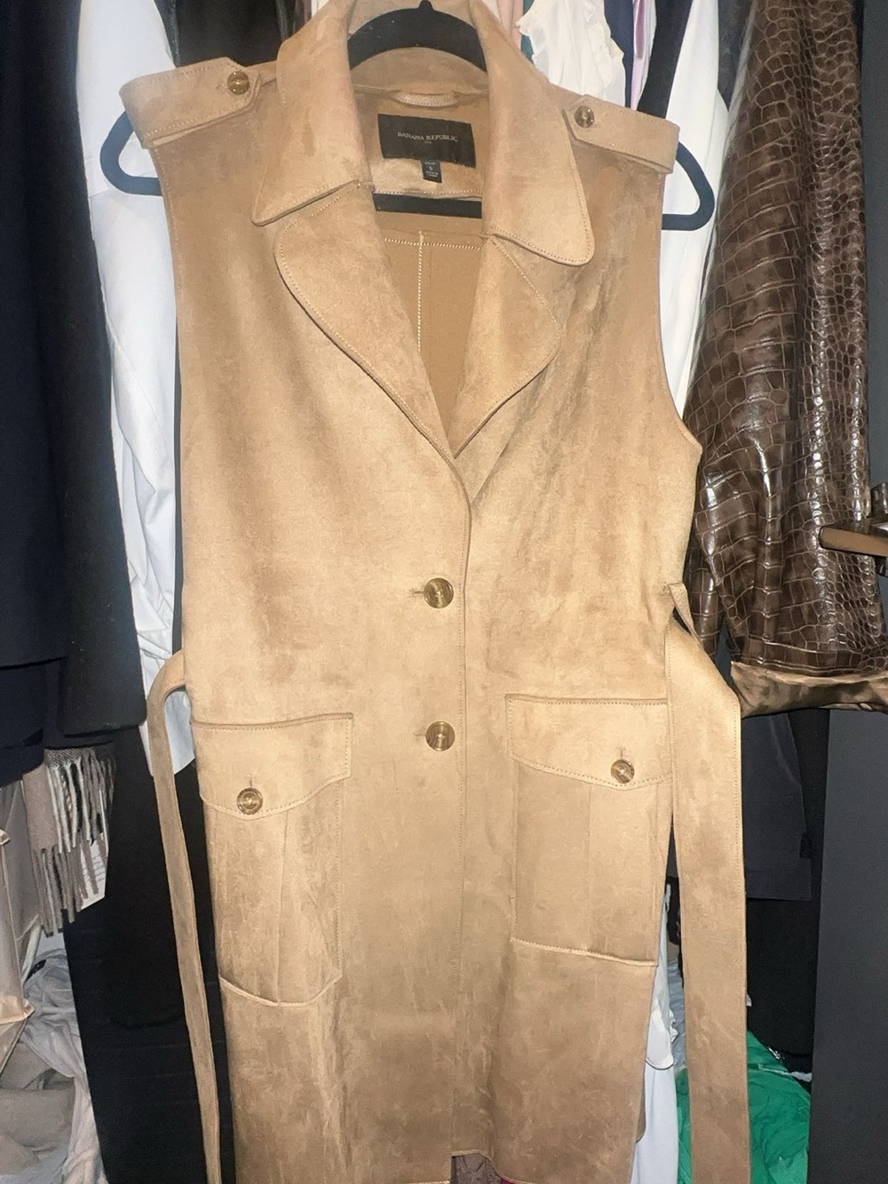 Banana Republic Tan Suede Sleeveless Trench Vest with Belt